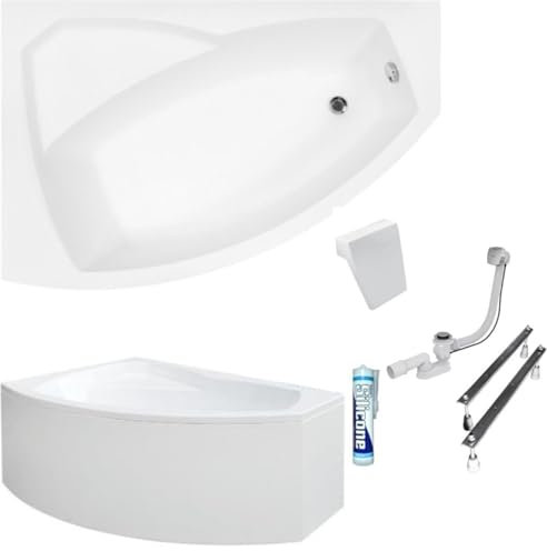 ECOLAM Baignoire d'angle Rima 170x100 cm gauche | tablier acrylique | Appuie-tête | pieds siphon + silicone | Set complet