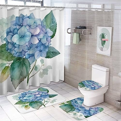 GZYWLKJ Set di 4 tende da doccia con tappeti antiscivolo, copriwater e tappetino da bagno, set di decorazioni per il bagno, acquerello, blu, ortensie, fiori, acquerelli, ortensie, fiori viola e blu