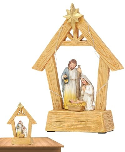 Belén – Juego de belén estable con luces | Escena de pesebre de la Sagrada Familia, decoración interior del hogar, escena de belén de Navidad para escritorio, decoración de ventana