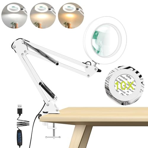 Lupe mit Licht und Klemme, 10x Lupenleuchte mit 3 Farbmod Dimmbare, FreihäNdige Lupenlampe LED für Naharbeiten, Hobbys, Basteln und Lesen, Weiß