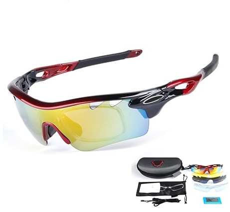 Msport Polarisierte Sport-Sonnenbrille für Fahrrad, Straße und MTB, 5 farbige Linsen, Anti-UV, Neon Rot