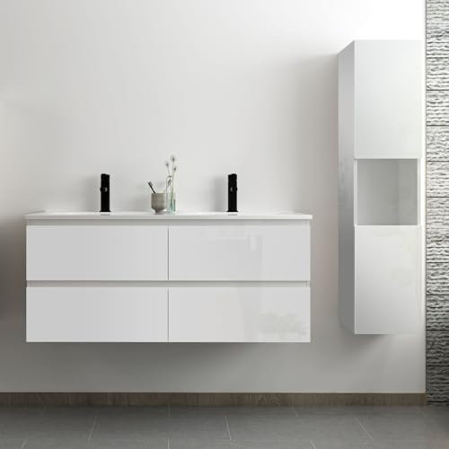 Acezanble Ensemble Meuble Salle de Bain 120 cm Blanc Brillant avec 4 tiroirs à Fermeture Automatique, Double lavabo céramique + Colonne Haute, Suspendu