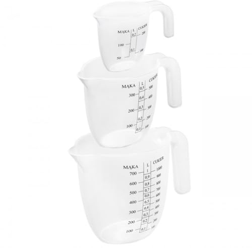 Practic 3er Küchenmessbecher Set 0,25L 0,5L 1L aus Kunststoff | Transparent mit Henkel | graduiert | ergonomisch | präzise | für Kochen Backen Zubereitung | Messbecher Set Küchenzubehör