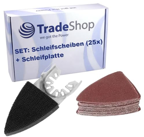 Trade-Shop 26 tlg. Set Dreieck Schleifplatte + Schleifscheiben (25 Stück) 50x50x35mm für Deltaschleifer Schleifpapier / P60 P80 P120 P180 P240 Körnung