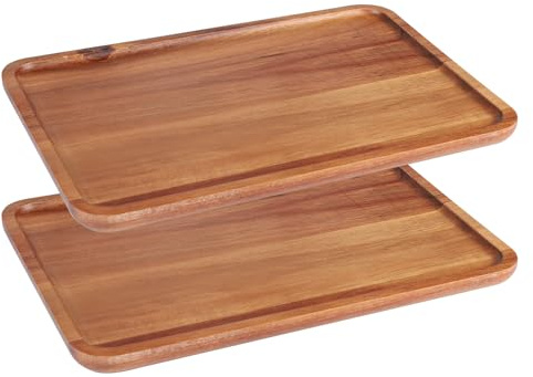 2er-Set Serviertablett aus Akazienholz | 30x20 cm Rechteckig | Naturholz Deko für Küche, Wohnzimmer & Garten