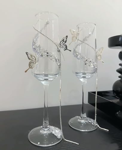 SURJION 2 Pezzi Bicchieri da Champagne, DIY Flute Champagne Matrimonio, Coppa da Champagne, Confezione Regalo Flute Sposi per Fidanzamento, Ricevimento di Nozze (Farfalla)