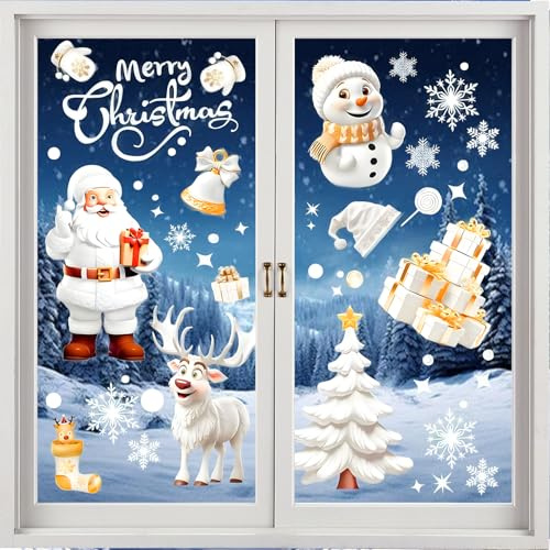 Fensterbilder Weihnachten, 9 Stück Weißer Weihnachtsfensterbilder, Selbstklebend Fensterdeko Weihnachtsmann Elch Schneeflocken Schneemann Weihnachtsbaumfür Weihnacht Fenster Tür Dekoration