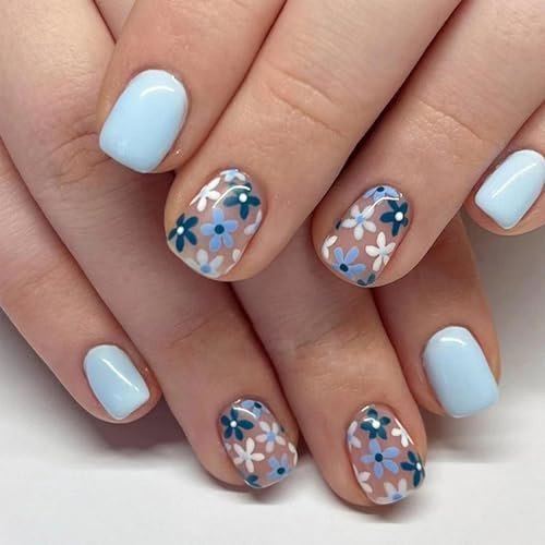 24PCS Light Blue Press On Nails - Short Square Shape False Nails For Women - Flower Design With Natural Fit Eco-Friendly ABS Material- Long-Lasting Wear Includes Complete DIY Art Kit