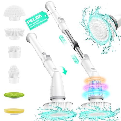 Electric Spin Scrubber Cleaning Brush: Pelda High-Speed Adjustable Electric Scrubber with 6 Replaceable Heads & Long Handle, Cordless Cleaning Brush for Man, Women Bathroom Tile, Tub, Floor, Sink