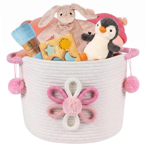 Toy Storage Baskets Woven Cotton Rope Storage Basket with 3D Flower for Kid Multifunctional Blanket Baskets for Living Room Toys Organizer Woven Basket with Handle for Gifts Girls Baby Hamper Nursery