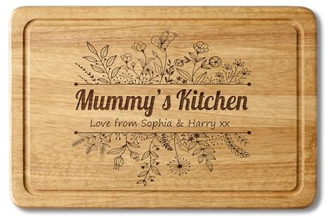 Personalised Solid Wood Chopping Board 30 x 20 cm – Custom Laser Engraved Kitchen Gift - Botanical Wildflower Design