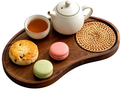 Genérico Bandeja De Madera Para Servir – Bandejas De Comida De Bambú, Mesa De Café Portátil, Platos Decorativos Para Desayuno Para El Hogar, Sala De Estar, Mesa, Cafetería, Almuerzo, Patio, T