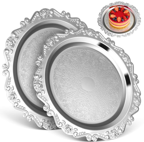 Amosfun Lot de 2 Plateaux de Service en Fer Vintage Argenté 25 Cm Polyvalents pour Desserts, Apéritifs et Présentation Culinaire Élégante