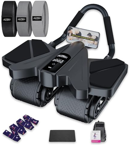Ab Roller Home Gym Equipment – 4 Wheels Ab Wheel Muscle Roller with LCD Screen, Yoga Stretching Strap, 3 Resistance Bands – Comfortable Elbow Support with Non-Slip Handles – Time and Calorie Count 3 Bands + 1 Strap