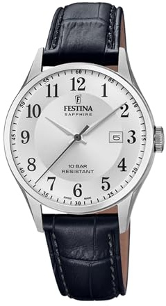 Festina Swiss Made Reloj Hombre Analógico de Cuero Negro - Movimiento de Cuarzo - Calendario - Cristal Zafiro de Alta Resistencia - Resistente al Agua 10 ATM Elegante F20007/1 Classic Leather