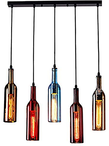 BCLGCF Lampada A Sospensione Industriale Vintage in Vetro Colorato, Bottiglia di Vino Lampadario retrò Creativo per Bancone Bar Caffetteria Bar Ristorante Decorazione Industriale,5light
