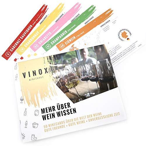 VINOX® – 50 Winecards für Weinliebhaber I Mehr über Wein wissen I Wein Tasting für zu Hause I Besonderes Wein Geschenk Set zu Weihnachten I Made in Germany
