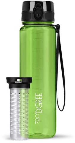 720°DGREE Stor transparent vattenflaska + fruktbehållare 1,5 l BPA-fri dricksflaska för sport, gym, fitness, utomhus, vandring, lätt tritan, okrossbar och hållbar