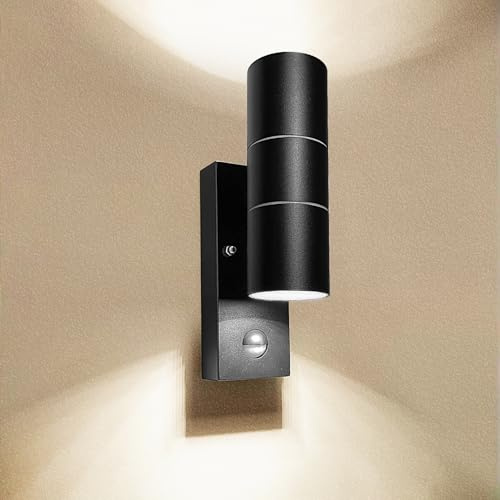 Wondlumi Outside Wall Lights PIR Motion Sensor Up Down Outdoor Light 6000K | Mains Powered 240V IP44 LED Wall Lamp Incl. 2X 5W LED GU10 Bulbs Cool White