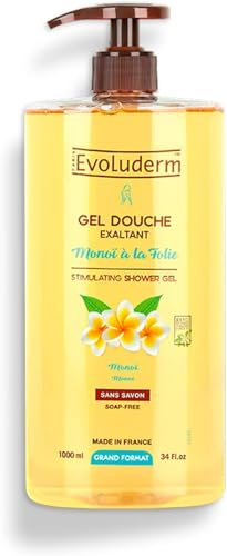 EVOLUDERM - Gel Douche Exaltant Monoï à la Folie - 1000 ml - 95% d'Origine Naturelle - Végan - Fabrication Française