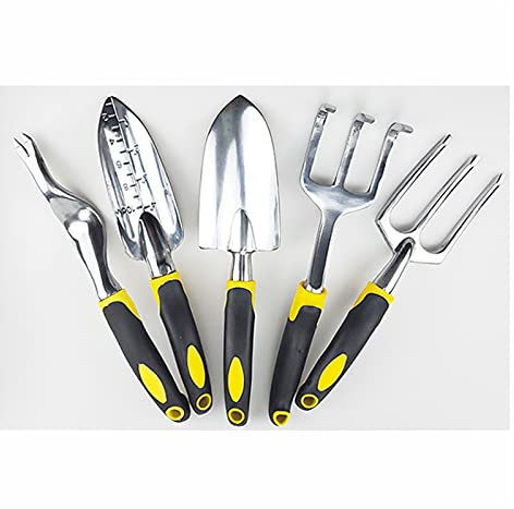 DINGFAN Outils de Jardinage, 5 Pièces Kit Outillage de Jardin, Transplantoir Fourche Binette Sarcloir Pelle Cadeau de Jardin pour Adulte Femme Homme