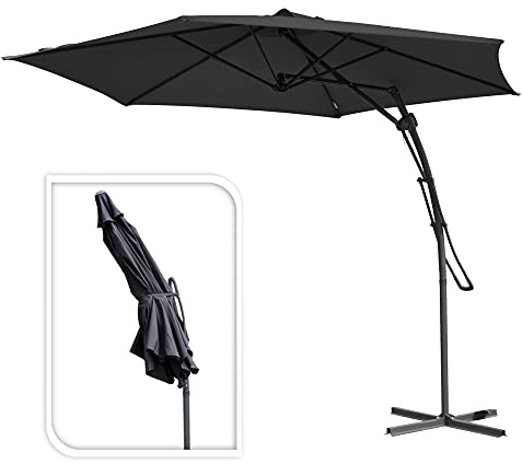 3 Metres Steel Easy Lever Push Up Cantilever Crank Handle Free Standing Parasol Umbrella With Cross Base Garden Patio Outdoor Sunshade Sunbathing 360° Rotating Swivel Sun Protection (Black)