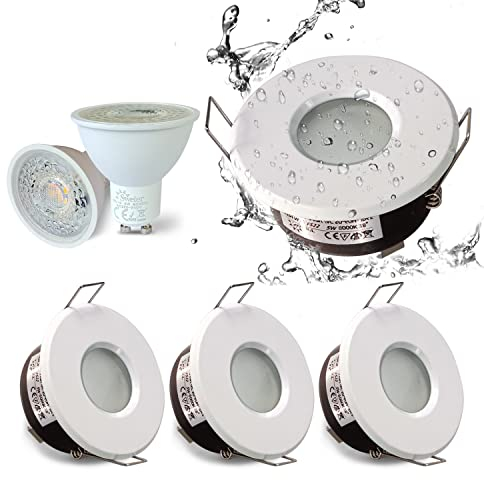 4XSweier IP65 White Waterproof Led Downlights for Bathroom, 5W Cool White 6000K 430LM, LED Ceiling Spotlight (Incl. GU10 lamp Holder) for Bathrooms and Kitchens, Downlight Cutout 68mm