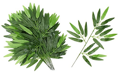 HUIANER 20PCS Artificial Bamboo Leaves, Fake Green Bamboo with Long Stem, Greenery Plant for Hotel Home Shelf Wall Farmhouse Bamboo Forest Wind Decoration