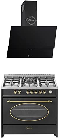 GURARI Gas Standherd, Herdset GCH E 914 BL r + GCH 268 BL 9 Prime, Retro Backofenset 90 cm, Range Coocker 121 L, Schwarz + Dunstabzugshaube, Wandhaube 90 cm, Schwarz, Kopffrei Haube, Abluft/Umluft