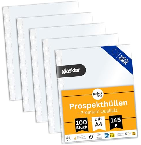 perfect line - 100 Prospekthüllen DIN-A4 - extra stark 145 my, transparent, glas-klar - Premium-Qualität für Büro, Schule, Zuhause - dokumentenecht, säurefrei