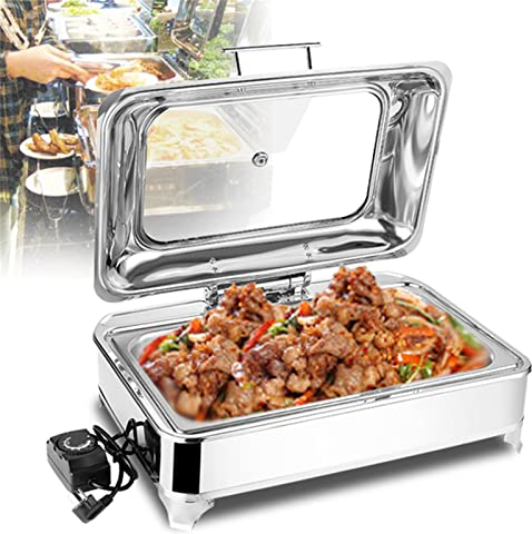 Chafing Dish para Buffet, Calentador De Buffet Eléctrico Chafing Dish Acero Inoxidable, Servidor De Buffet Calientaplatos Rectangular con Tapa Hidráulica Visible, 9l, Temperatura Ajustable 30-85℃(