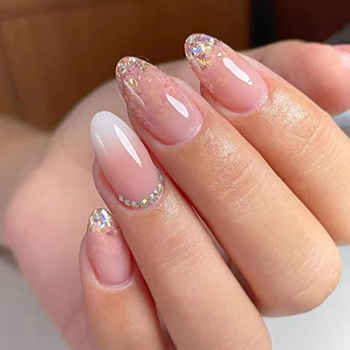 Clataly 24 uñas falsas con patrón de estrella blanca, clavos de presión de acrílico, divertidas uñas falsas rosas desnudas, mujeres y niñas, conjunto completo de uñas (C)