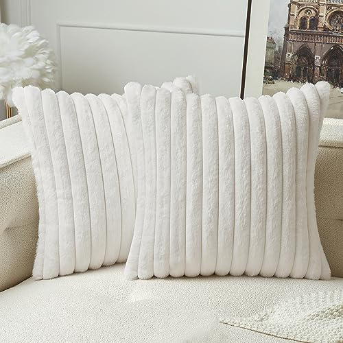 MIULEE Set of 2 Plush Velvet Cushion Covers Soft Modern Faux Fur Pillow Case Smooth Washable Home Decorative Pillow Covers for Living Room Bedroom Sofa 45 x 45 cm 18 x 18 Inch Pure White