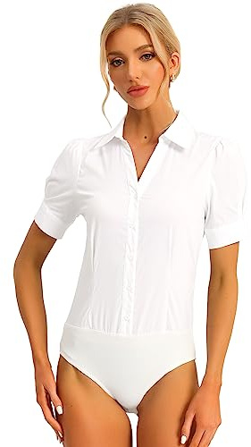 Allegra K Women's Button Down Leotard Shirt Short Sleeve Collared Business Work Bodysuit Tops Large White