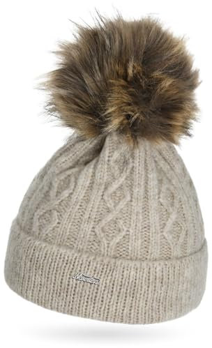 Neverless® Damen Strick-Mütze ohne Futter Fell-Bommel Kunstfell Bommelmütze Zopfstrickmuster Umschlag Hellbeige Unisize