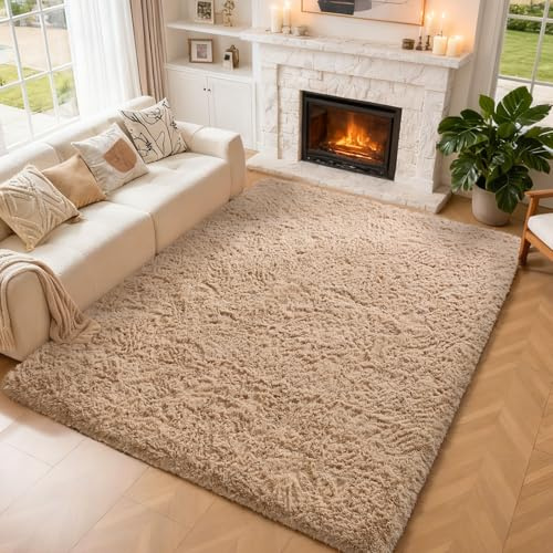 CHOSHOME Teppich Wohnzimmer Beige Schlafzimmer Teppiche Modern Flauschig Weich Teppich Wohnzimmer Läufer Carpet Langflor Shaggy Einfarbig Bettvorleger Anti-Rutsch Unterseite Teppiche 120x180CM