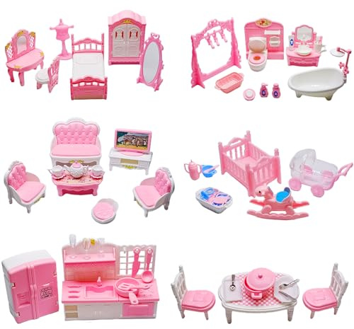 75 Pcs Dollhouse Furniture Set Accessories,Small Dollhouse Miniature Pretend Play Family Toys Gift,Toddler Boy Girl Kid 3Y+ Mini Bedroom/Livingroom/Bathroom/Kitchen/Infant Room Kit