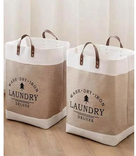 HealthyMoov panier à linge LAUNDRY deluxe poignées en cuir sac de rangement pliable pour vêtements et draps en LIN léger à transporter graphisme moderne 1 pièce