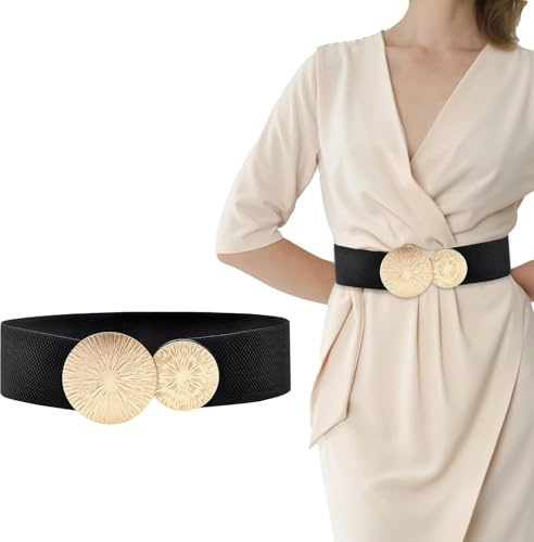 Elastische Gürtel Damen Breit Taillengürtel Goldener Schnalle, Mode Schnalle Gürtel mit Goldschnalle, Stretchgürtel Damen Retro, Taillengürtel für Kleid Pulloverjacke Breiter Gürtel(Schwarzes Gold)