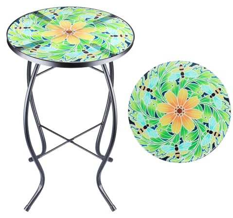 VCUTEKA Outdoor Side Table Mosaic End Patio Side Table Small End Tables Glass Top Round Balcony Coffee Tables Porch Indoor Glass Top Bee 14''