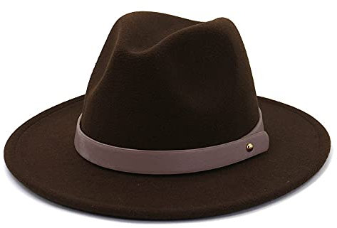 NOAMED Fengyan Hüte für Herren und Damen, breite Krempe, schlicht, mit Gürtelschnalle, Wollfilz, Jazz-Fedora-Hüte, elegante Dame, Schlapphut, Panama-Jazz-Kappe, braun, 6 7/8-7 1/8