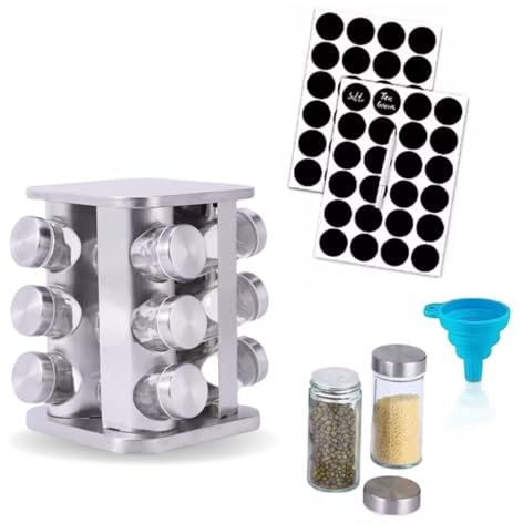 Estante giratorio de 360°, organizador de condimentos para 12 tarros con etiquetas borrables y embudo, carrusel cuadrado para cocina (12 niveles)
