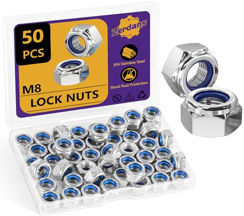 50 Stück Sechskantmuttern M8, ZerDans Sicherungsmuttern Edelstahl Standard A2 V2A M8 Mutter, Selbstsichernde Muttern Stoppmutter, Sechskant Edelstahlmutter Stoppmuttern Kontermuttern Set