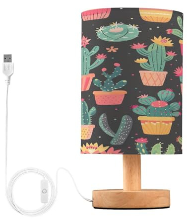 SKYSHU Lampe de chevet en forme de cactus - Petite lampe de bureau LED USB avec base en bois antidérapante et abat-jour agréable pour les yeux - Pour salon, chambre à coucher, dortoir, maison, bureau