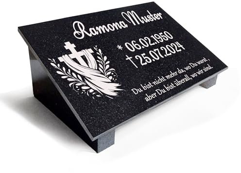 Granit Grabplatte Grabtafel personalisiert Grabstein mit Stützen, Motiv Gravur wetterfester Inschrift Gedenktafel, Grabkissen MA10 (30x20cm mit Stützen)