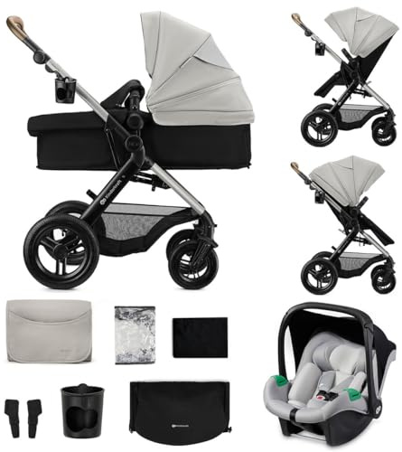 Kinderkraft MOOV XL 3-i-1, Barnvagn upp till 27 kg, Barnvagn, med sittplats I-SIZE 40–75 cm, hopfällbar, stötdämpare, cabriolet, XL, med tillbehör, ljusgrå