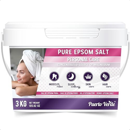 Puerto Verde • Sale di Epsom Puro 3 Kg. Fonte Concentrata di Magnesio. Sale da Bagno a Rapida Dissoluzione per il Rilassamento Muscolare e il Buon Sonno. Cura di Pelle e Capelli. Produzione Europea.