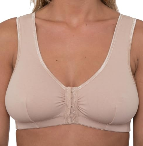 Gemm Womens's Front Fastening Mastectomy Bras with Pockets Non Wired Soft Cotton Nude