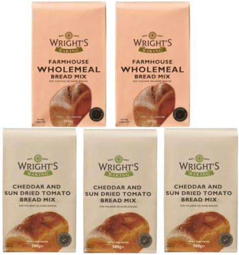 Wright's Farmhouse Wholemeal 2X500g & Cheddar & Sundried Tomato 3X500g Bread Mix Packs | Bread Flour for Handmade & Machine Baking – Makes Rustic Rolls, Loaves & Pizza Bases