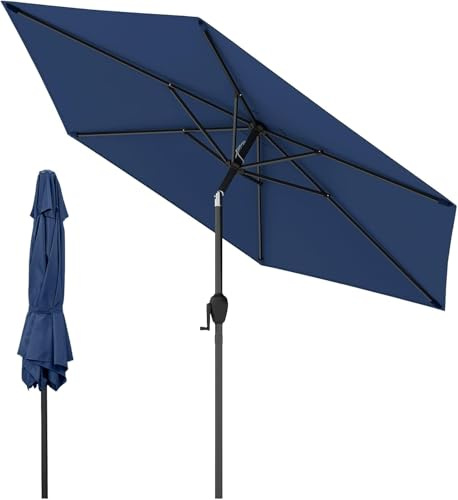 GOPLUS 2,3M Parasol de Jardin Extérieur avec LED Solaire, Parasol Inclinable avec 6 Baleines, Manivelle, Trou de Ventilation, Anti-UV, pour Terrasse Plage Balcon, Base Non Incluse